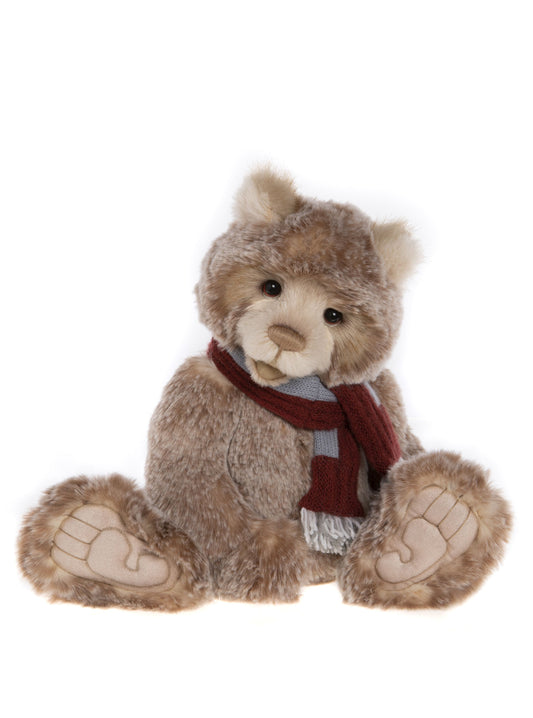 Charlie Bear brown fur maroon an gray knit scarf