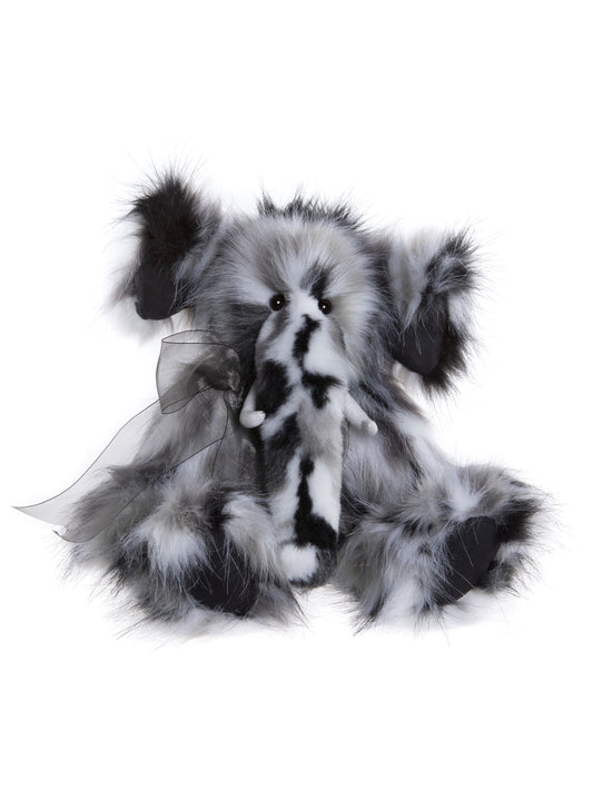 Gray black and white plush Charlie Bear Elephant with bow