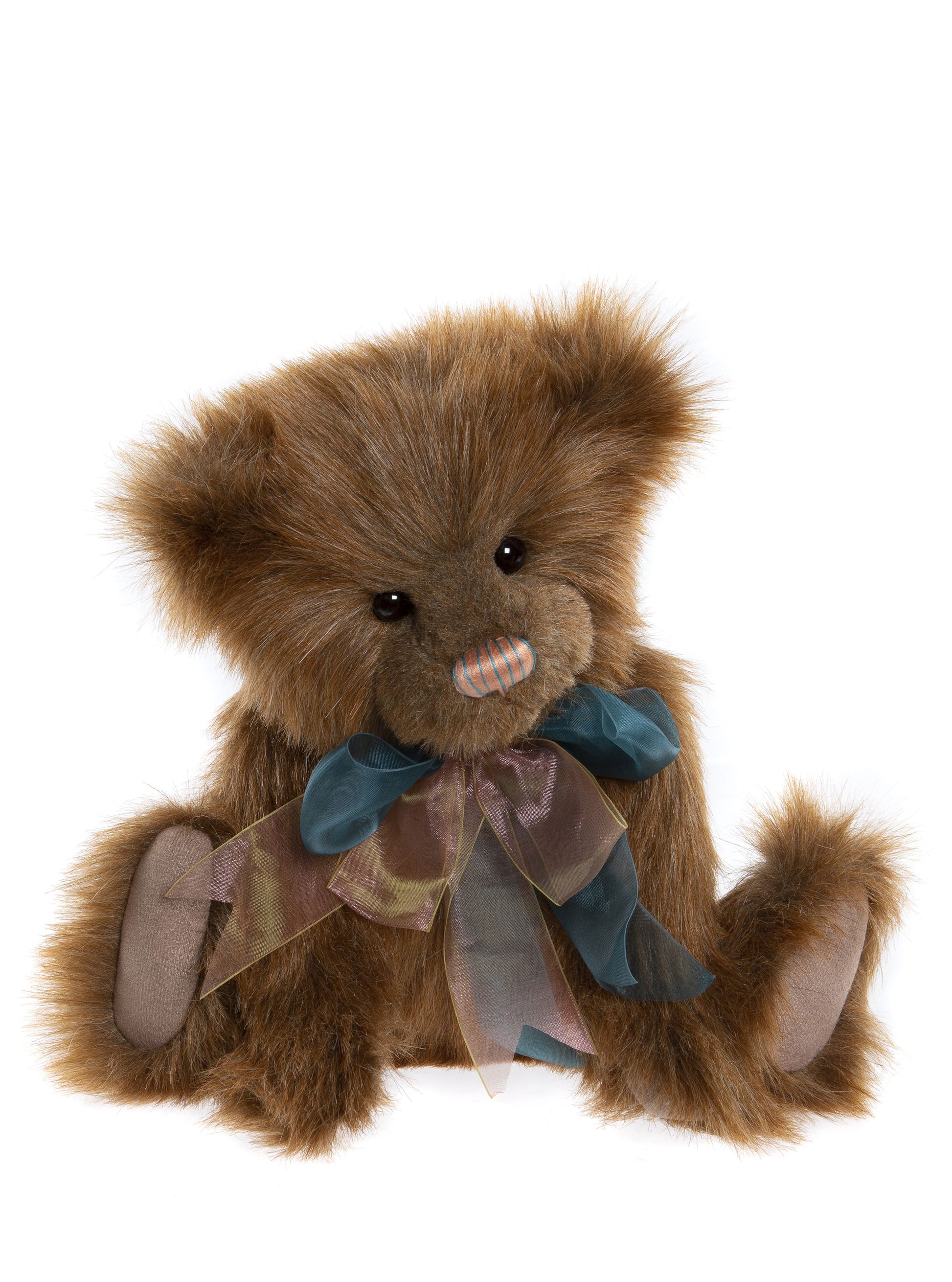 Brown plush Charlie Bear with pink and green ribbon bow and striped nose