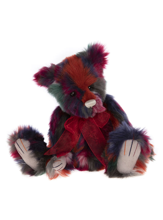 Plush Charlie Bear blue red green fur red bow