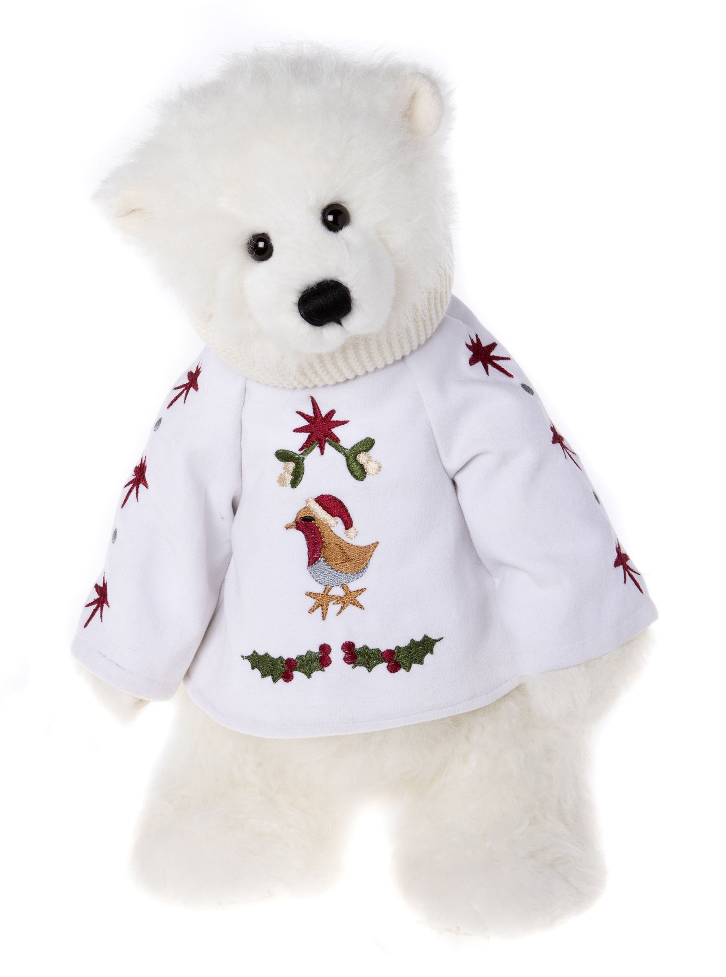 Charlie Bear 2023 Holly Jolly polar bear white fur holiday sweater with embroidered design