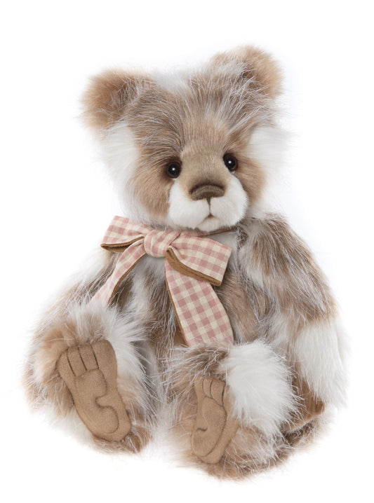 14 inch Charlie Bear plush with brown fur and a checkered bow.