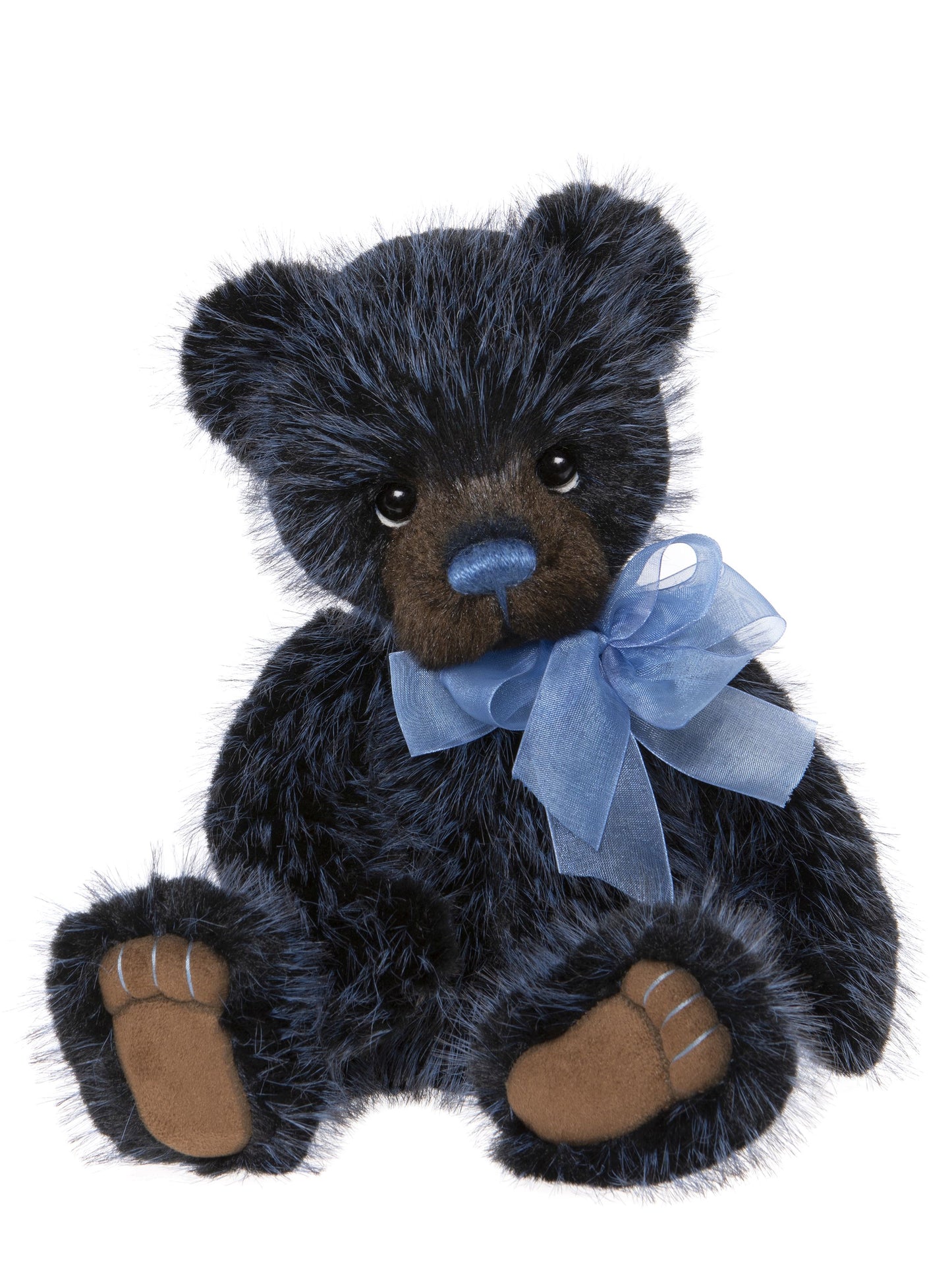 Blue and black Charlie Bear with light blue bow