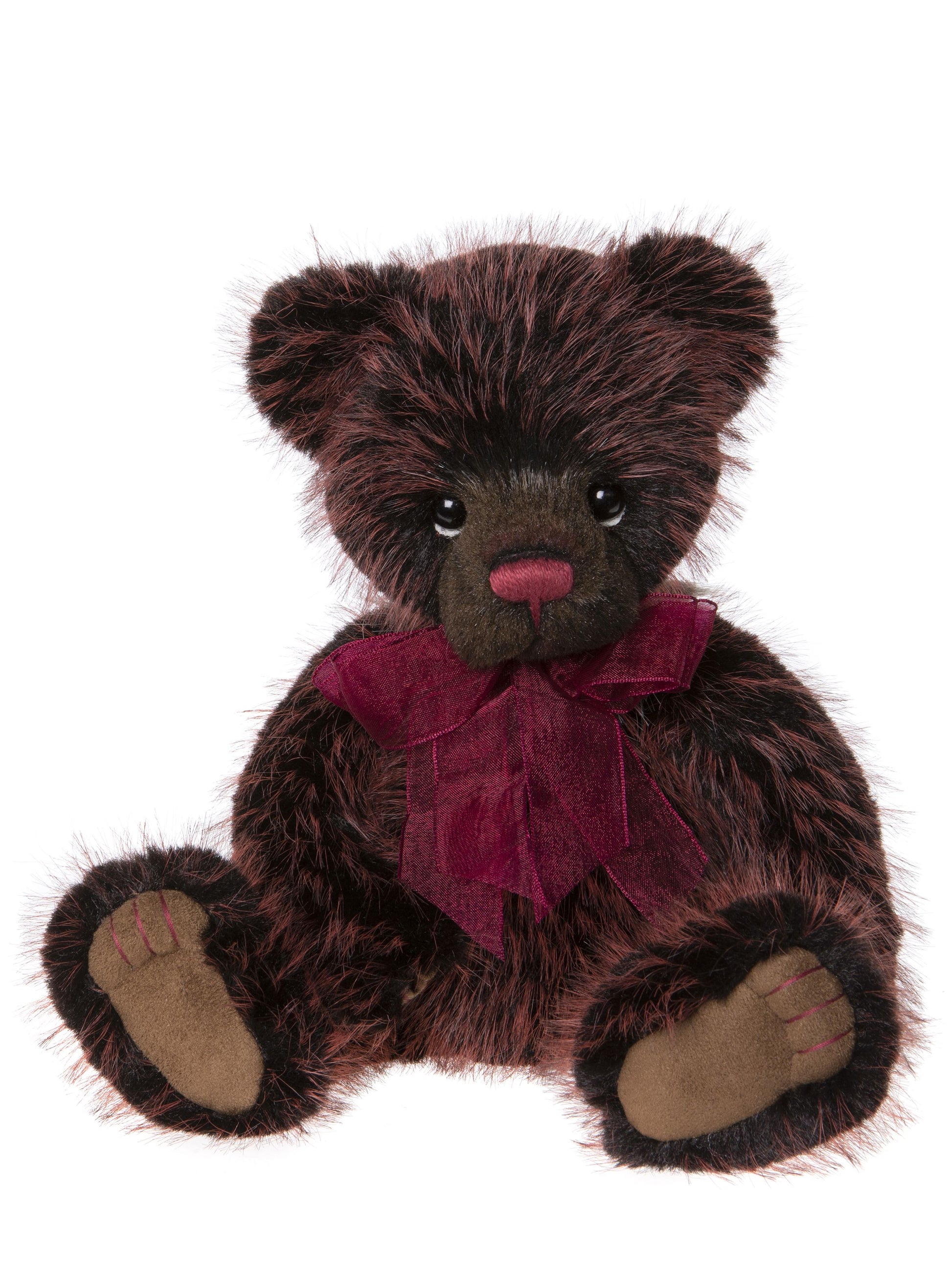 Black Charlie Bear with long red fur, nose and bow