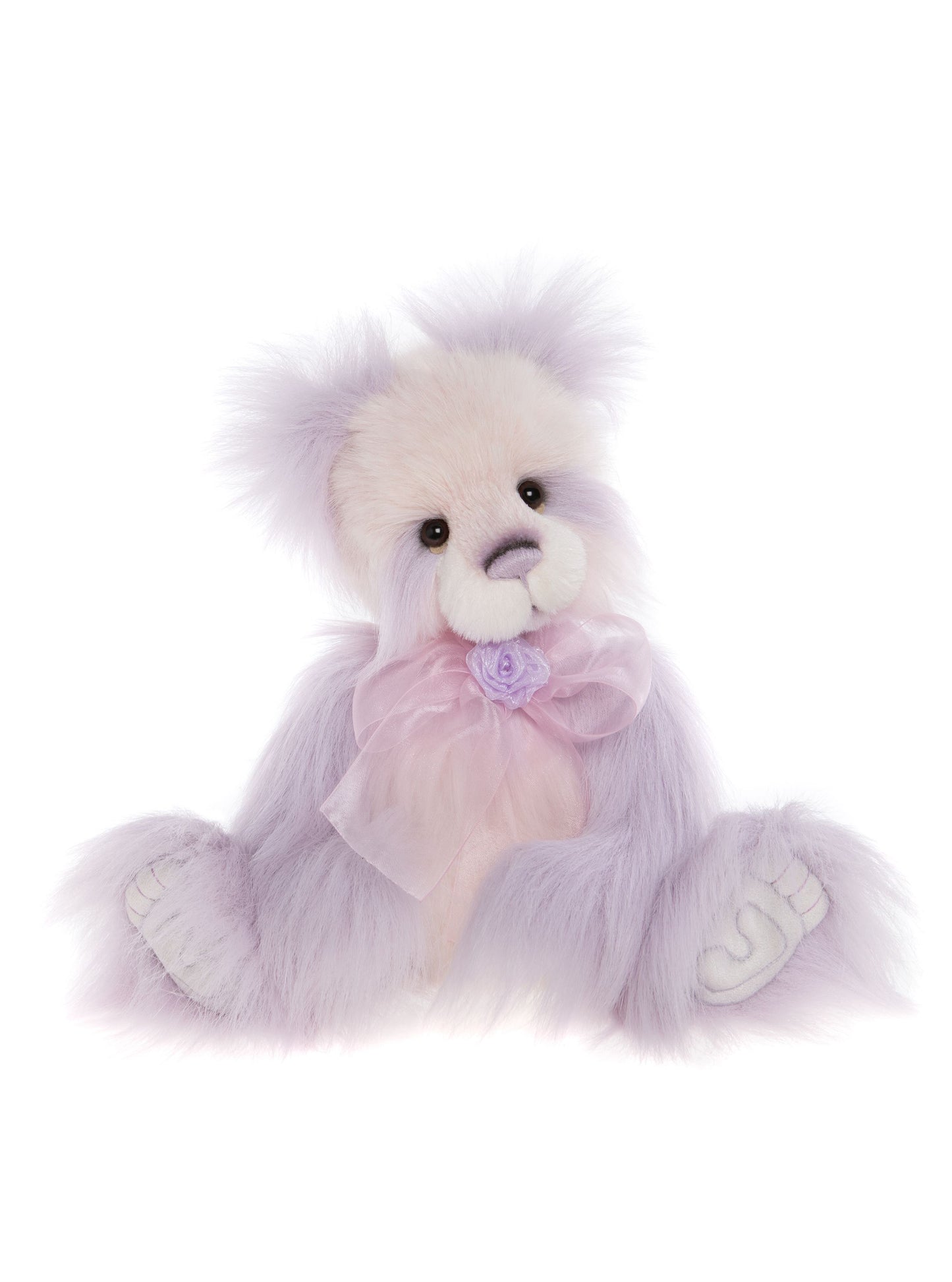 Lavender Charlie Bear with long fur and bow with flower