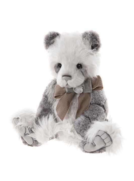 2021 plush Charlie Bear Dominique panda with a patterned bow and soft fur