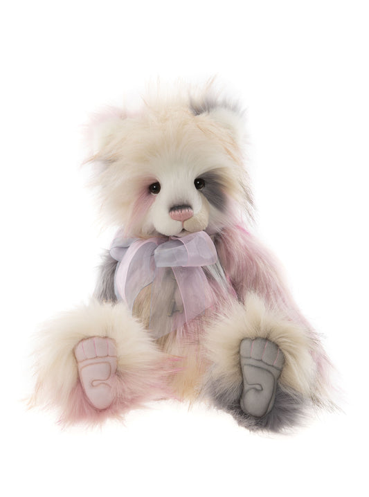 Plush pink gray and cream colored panda pink bow