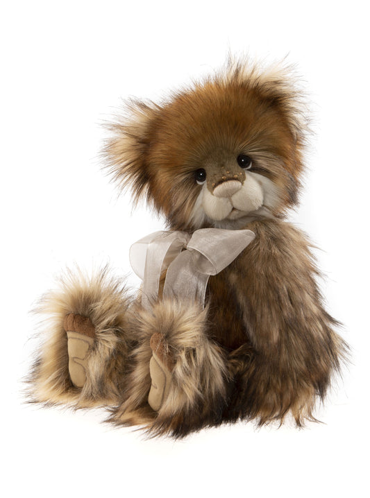 Brown stuffed Charlie Bear panda with big bow and long fur