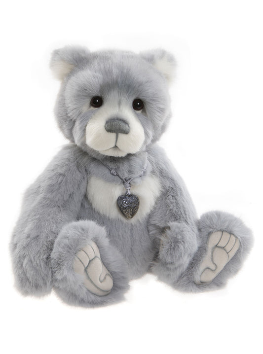 Gray plush Charlie Bear with heart necklace