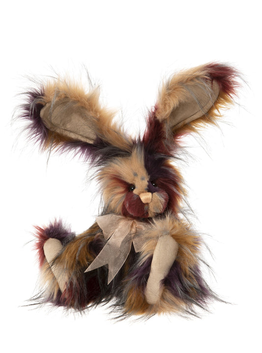 Multi-colored Charlie Bear rabbit with long ears and a bow
