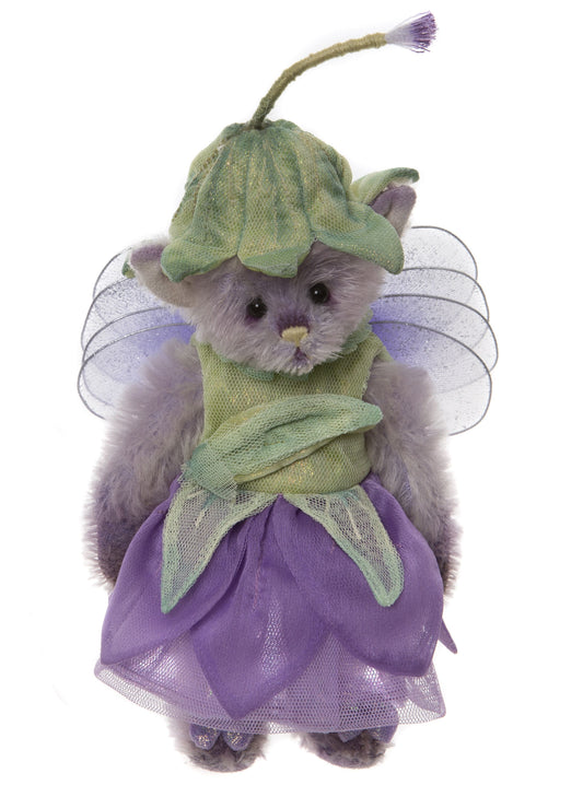 2019 Charlie Bear Foxglove bear wearing a green and purple pixie costume and wings