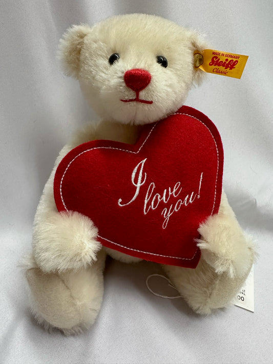 Steiff mohair teddy bear white fur red nose holding heart that says I love you!