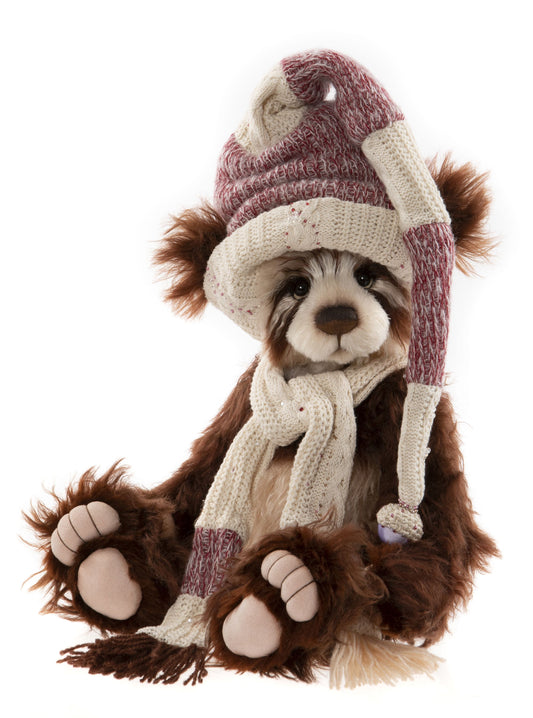 Brown Charlie Bear stuffed bear with long knit red and white hat and scarf