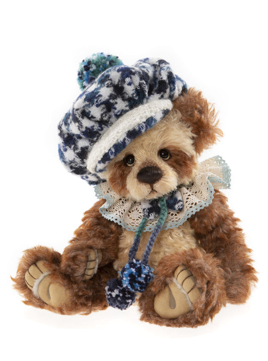 2022 Isabelle Collection Charlie Bear Fred with mohair fur, a blue knit hat and collar