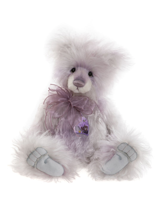 Light purple Charlie Bear Beatrix with purple bow and heart necklace