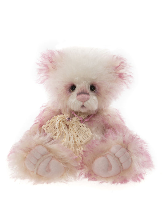 Charlie Bear Curie pink and white bear with lace ribbon scarf